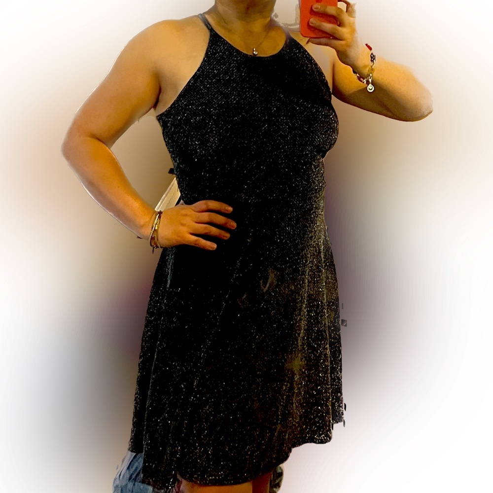 Little Black Dress Metallic Silver Sparkly Skater Swing Skirt Glitter Sequin M S